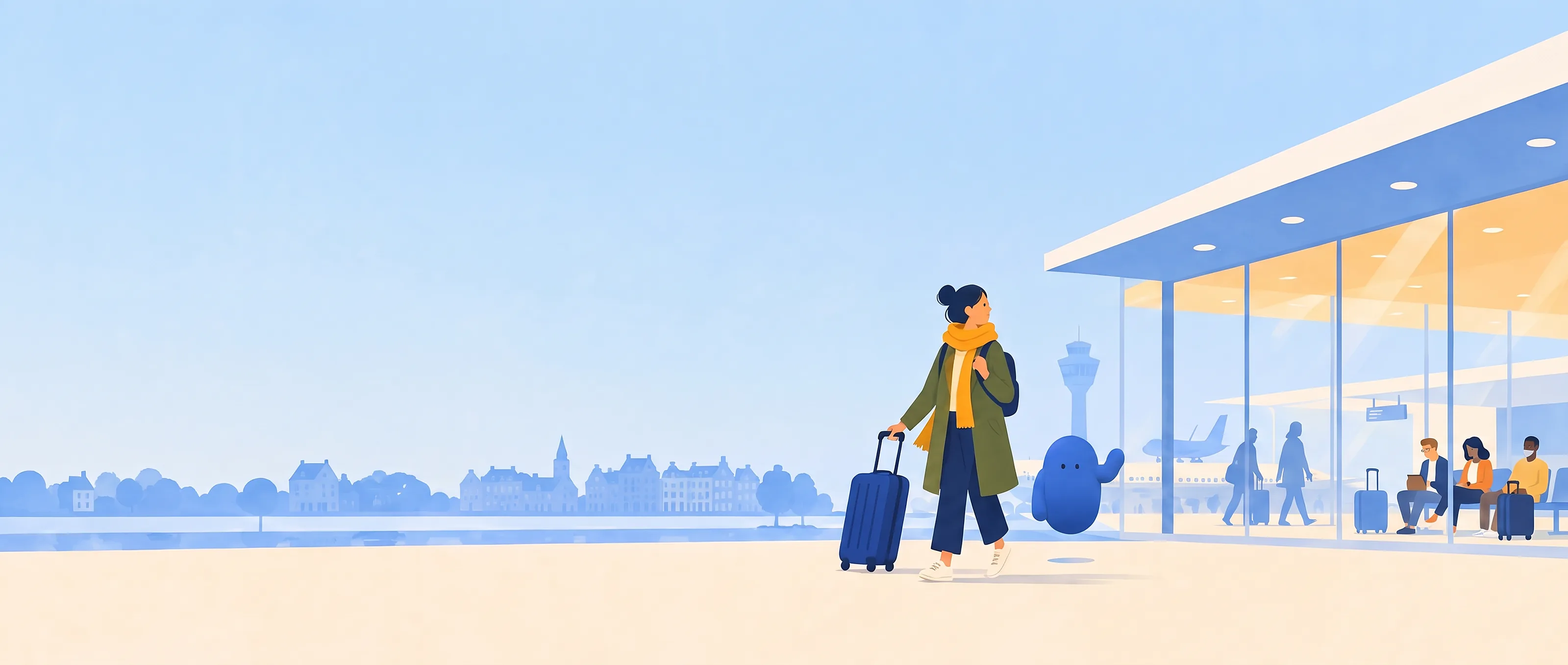 A woman with a suitcase walks out of the airport; Adapty, a small blue figure, floats beside her and waves.