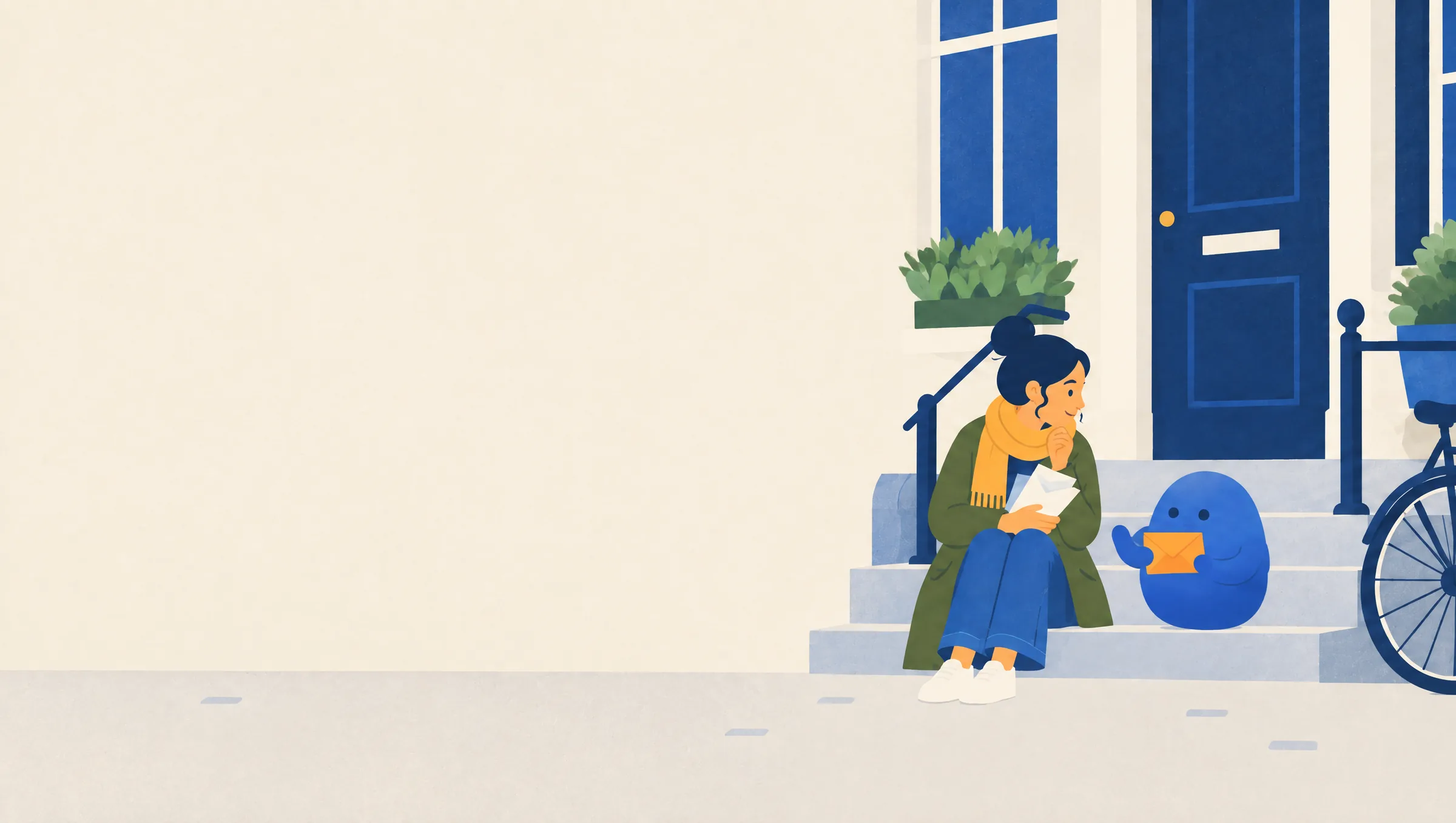 She sits on the front steps with a pile of official letters; Adapty holds one up for her.