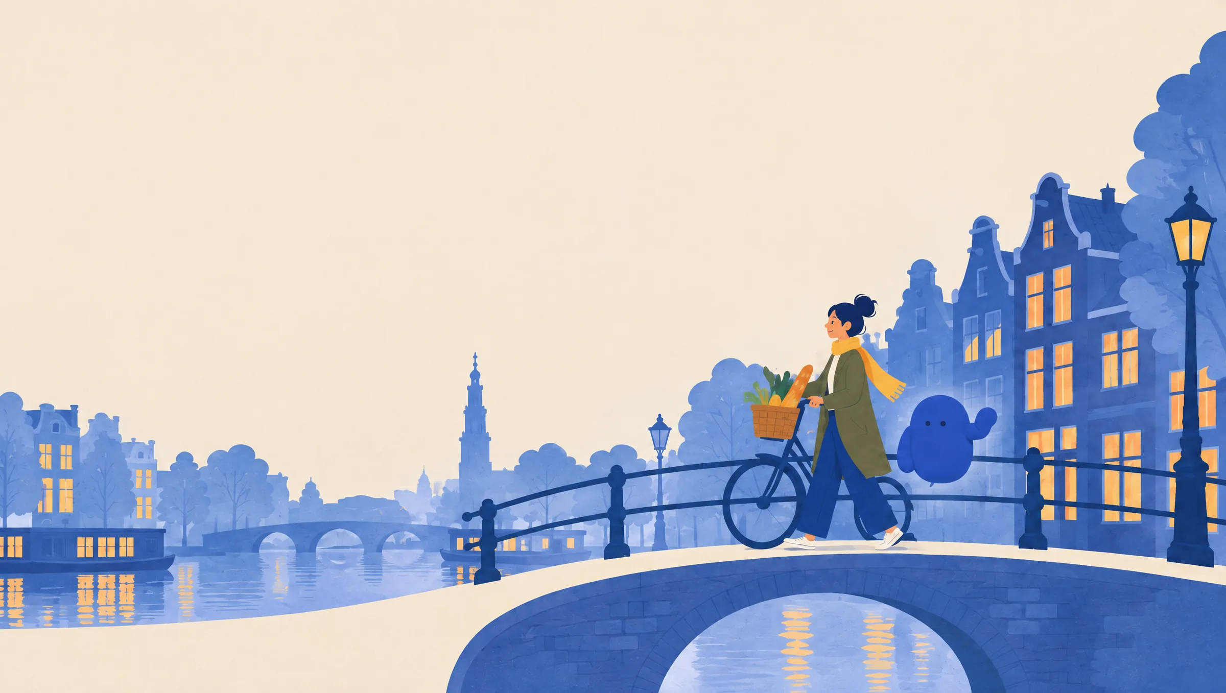 In the evening she walks her bicycle over a canal bridge, at home now, Adapty beside her.